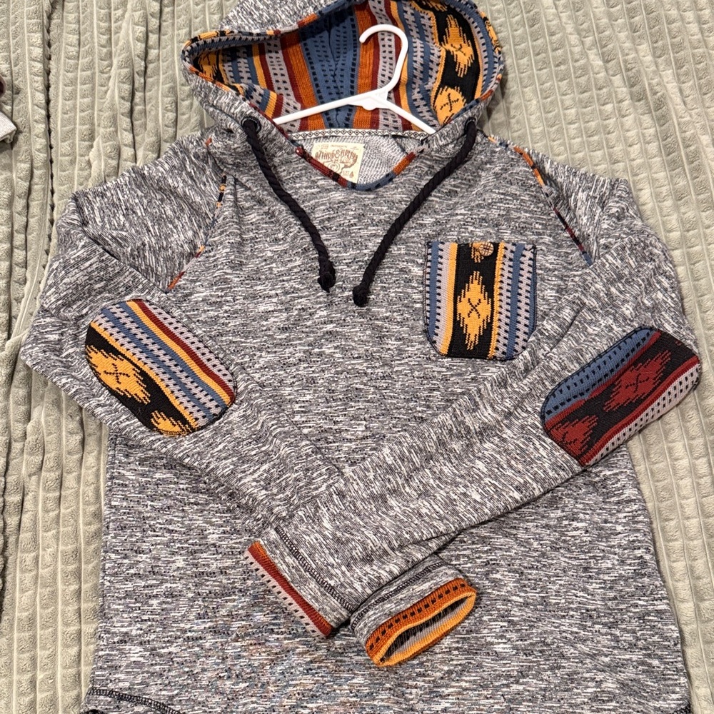 Gray Hooded Sweater with Patterned Accents